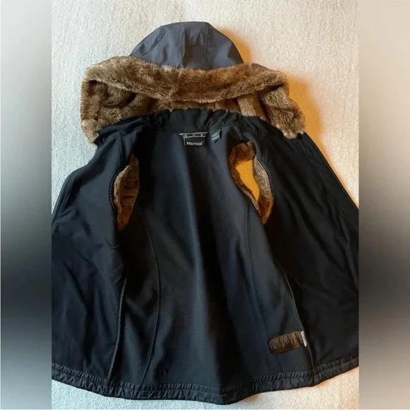 Marmot vest, dark charcoal gray and brown faux fur lined hood/ sleeves. Sz S - Picture 2 of 4